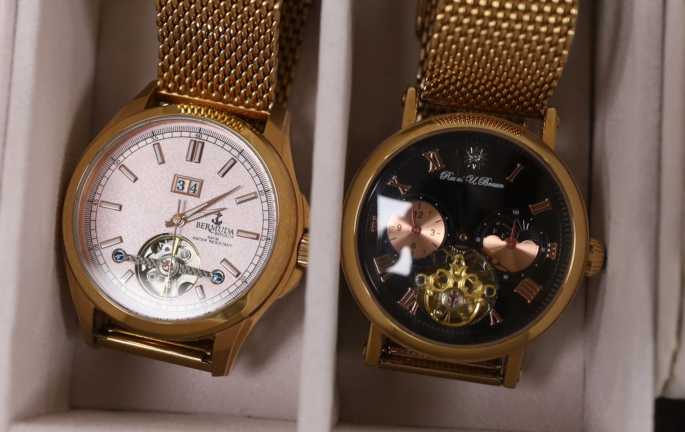 Five gentleman's assorted modern gilt metal or steel wrist watches, including Christin Lars, Labelle & Son, Bermuda Watch Co and Raoul U. Brawn and a lady's Strada quartz wrist watch.